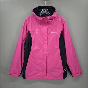Columbia Jacket Womens M Pink Omnitech Waterproof Hooded Rain Coat Breast Cancer